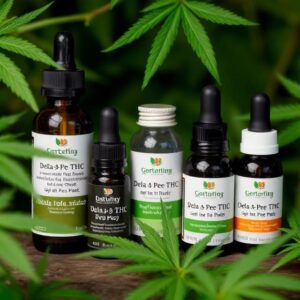 Multiple Delta-8 THC tincture bottles with droppers displayed among green cannabis leaves on rustic wood